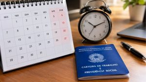 Calendário, relógio e Carteira de Trabalho representam a proposta de fim da escala 6x1 e a redução da jornada de trabalho no Brasil.