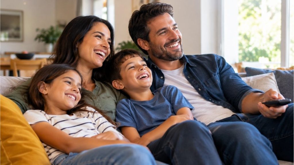 Família reunida no sofá de casa em momento de lazer, representando a importância do tempo livre e da convivência familiar com a redução da jornada de trabalho.