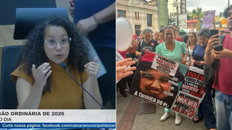 Manifestação contra homenagem de Eduarda Campopiano em frente à Câmara de Santos, com Débora Camilo na Câmara e pessoas segurando cartazes na rua.