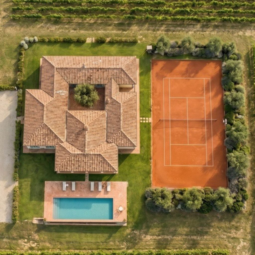 Vista aérea de um vinhedo em Itupeva com áreas verdes, casa ao centro, piscina azul e quadra de tênis iluminada em meio às plantações.