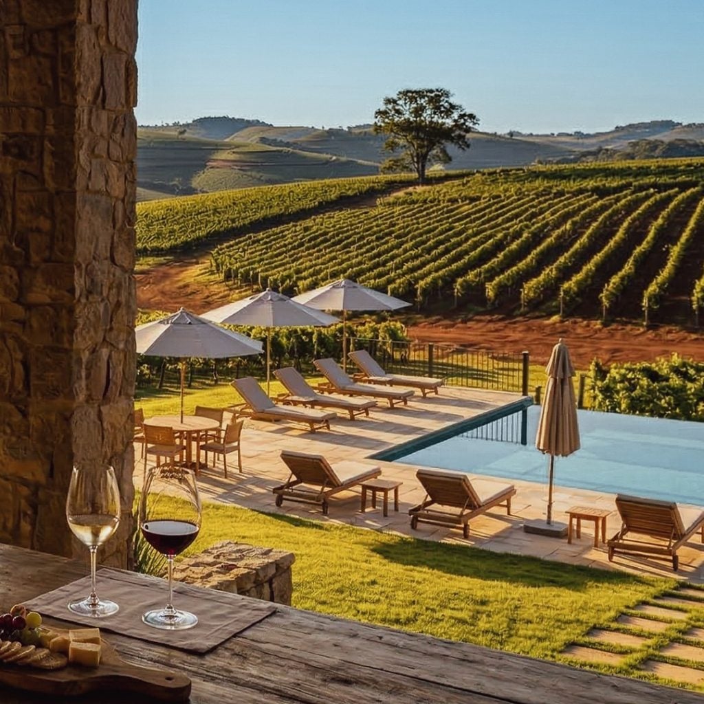 Vinhedo em Itupeva ao entardecer, com área de piscina e espreguiçadeiras em meio aos montes de videiras, taças de vinho sobre mesa rústica e paisagem rural ao fundo.