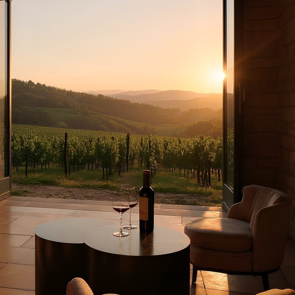 Varanda com mesa redonda e taças ao entardecer, com uma garrafa de vinho em primeiro plano e um vinhedo ao fundo, em Itupeva, com colinas e luz dourada do pôr do sol.