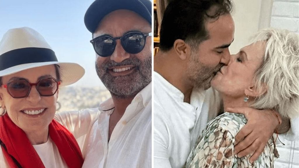 Ana Maria Braga e Fábio Arruda sorridente em duas cenas: à esquerda, homem com barba e óculos escuros com chapéu e mulher com chapéu branco e óculos; à direita, o homem beija a esposa em clima romântico.