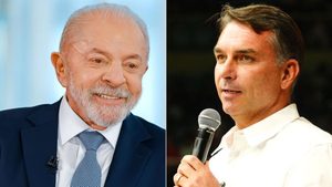 Comparativo de Lula e Flávio Bolsonaro em fotos lado a lado, mostrando Lula com sorriso e Flávio Bolsonaro em entrevista segurando um microfone.