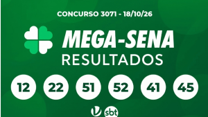 Mega-Sena 3071: Arte promocional da Mega-Sena resultados concurso 3071, com fundo verde, texto “Concurso 3071 - 18/10/26” e “MEGA-SENA RESULTADOS”.