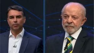 Flávio Bolsonaro e Luiz Inácio Lula da Silva aparecem lado a lado durante debate político sobre as eleições de 2026.