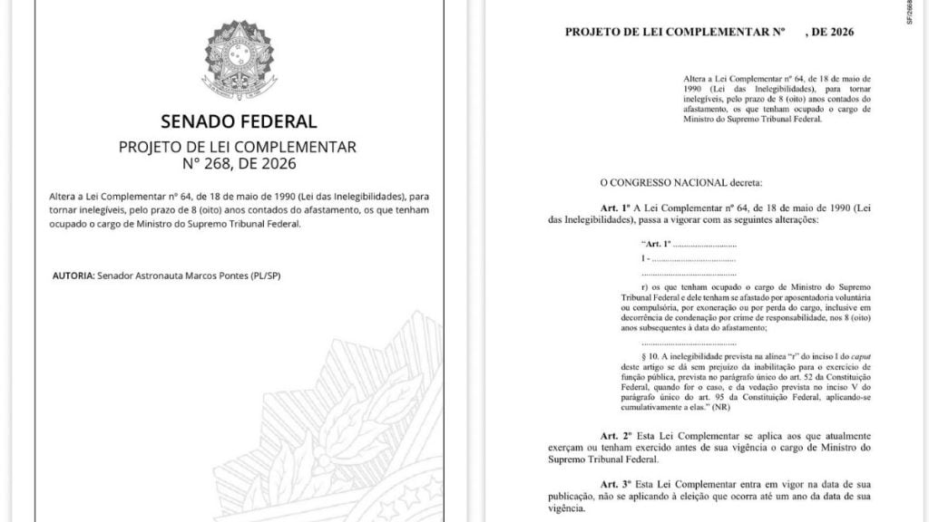 Projeto de lei complementar apresentado pelo senador Marcos Pontes propõe tornar ex-ministros do STF inelegíveis por oito anos após o afastamento do cargo.