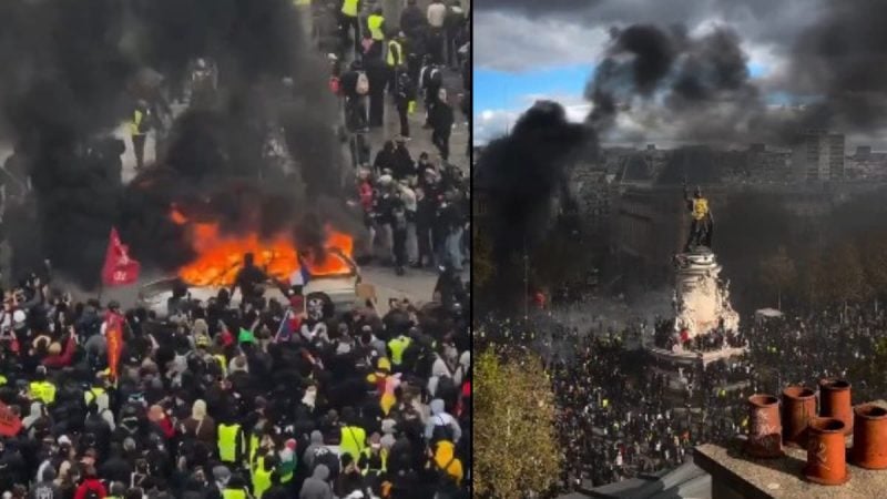 Protestos na França com multidões nas ruas, policiais e manifestantes, e fumaça densa ao redor de carros em chamas.