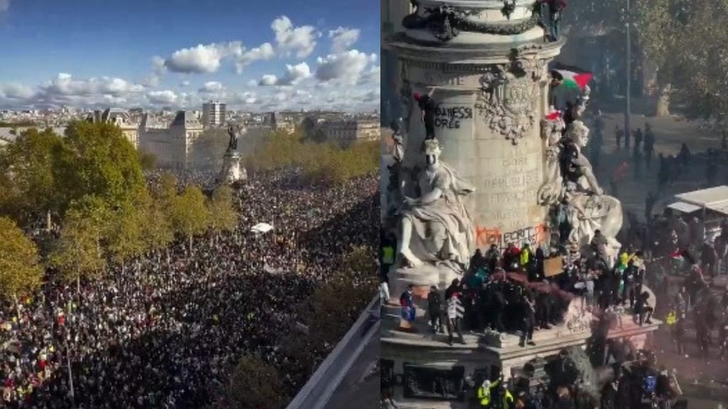 Protestos na França com multidão reunida em avenidas de Paris e manifestantes ocupando áreas próximas a monumentos históricos em meio a bandeiras e faixas