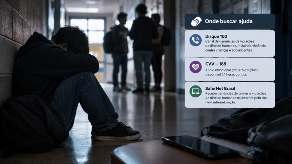 Estudante sentado sozinho no corredor de uma escola, com a cabeça baixa e outros alunos ao fundo, representando o bullying e o isolamento social no ambiente escolar.