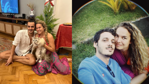 Lua Blanco e Leandro Soares em ambiente interno, abraçando um gato tigrado, e a segunda foto mostra os dois em um retrato ao ar livre, ambos felizes.