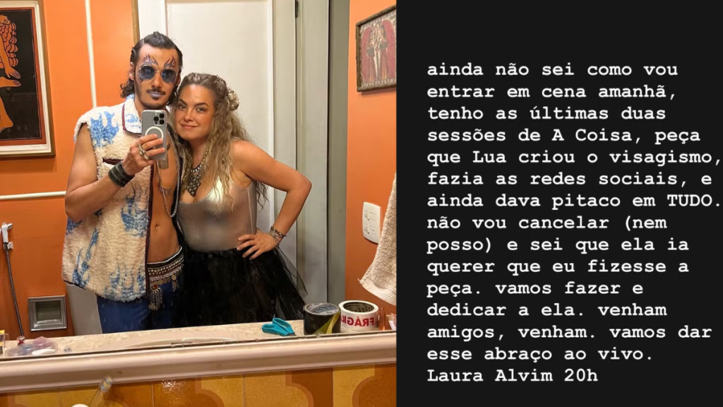 Lua Blanco e Leandro Soares: homem usando camisa azul estampada e máscara facial, mulher com cabelo preso e top claro; há texto na imagem e um celular sendo usado para tirar a foto.