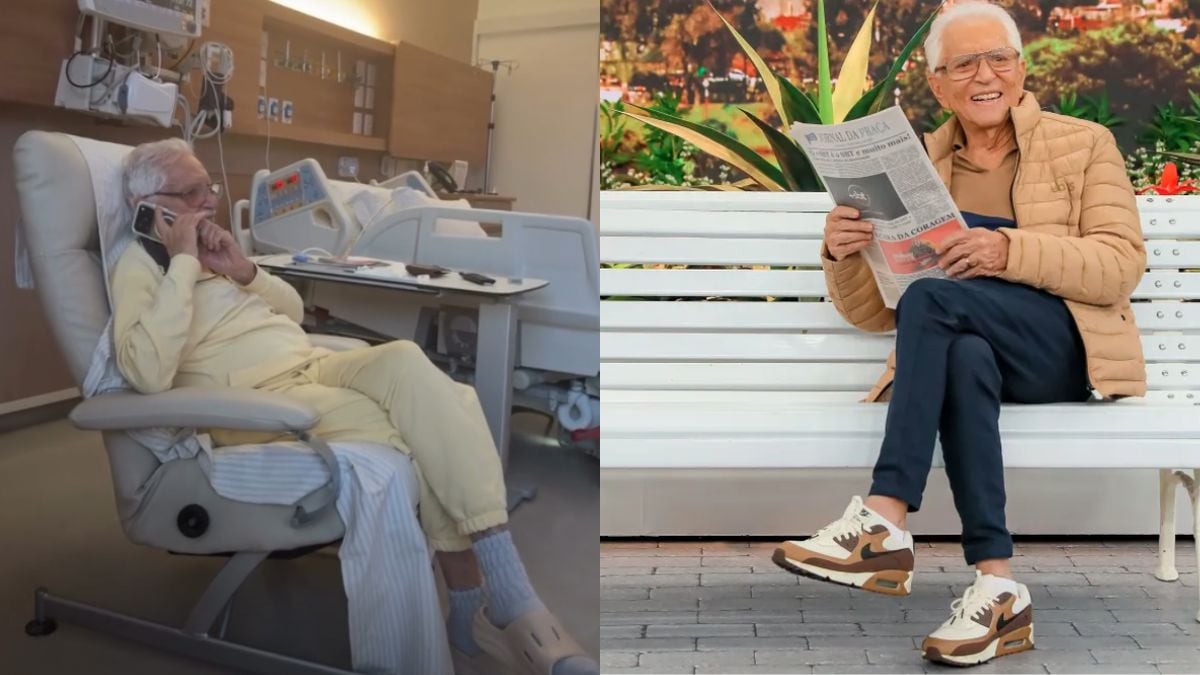 Montagem mostra Carlos Alberto de Nóbrega internado em um hospital, à esquerda, e durante o programa A Praça é Nossa, do SBT, à direita.