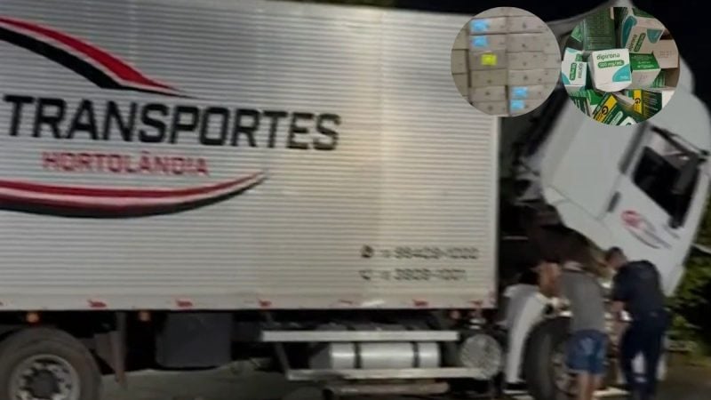 Caminhão que transportava medicamentos, incluindo caixas de dipirona, em ocorrência registrada em Monte Mor (SP).