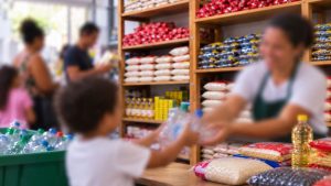 Mercado do Bem, em Guarujá, troca plástico reciclável por alimentos e produtos de higiene