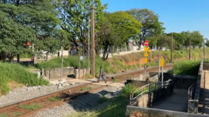 Trecho de trilhos de trem na cidade de Nova Odessa, com cerca metálica, poste de sinalização e vegetação ao redor, visto durante obras ou manutenção ferroviária.