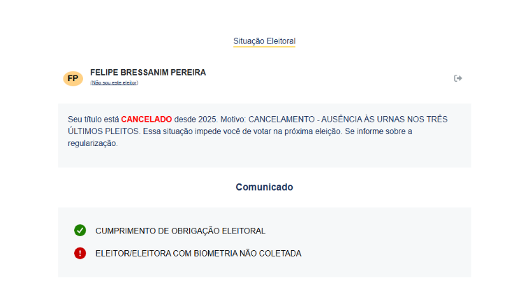 Consulta da situação eleitoral de Felca mostra título cancelado desde 2025 por ausência às urnas nas três últimas eleições.