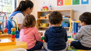 Crianças pequenas participam de atividade lúdica com educadora em sala de creche.