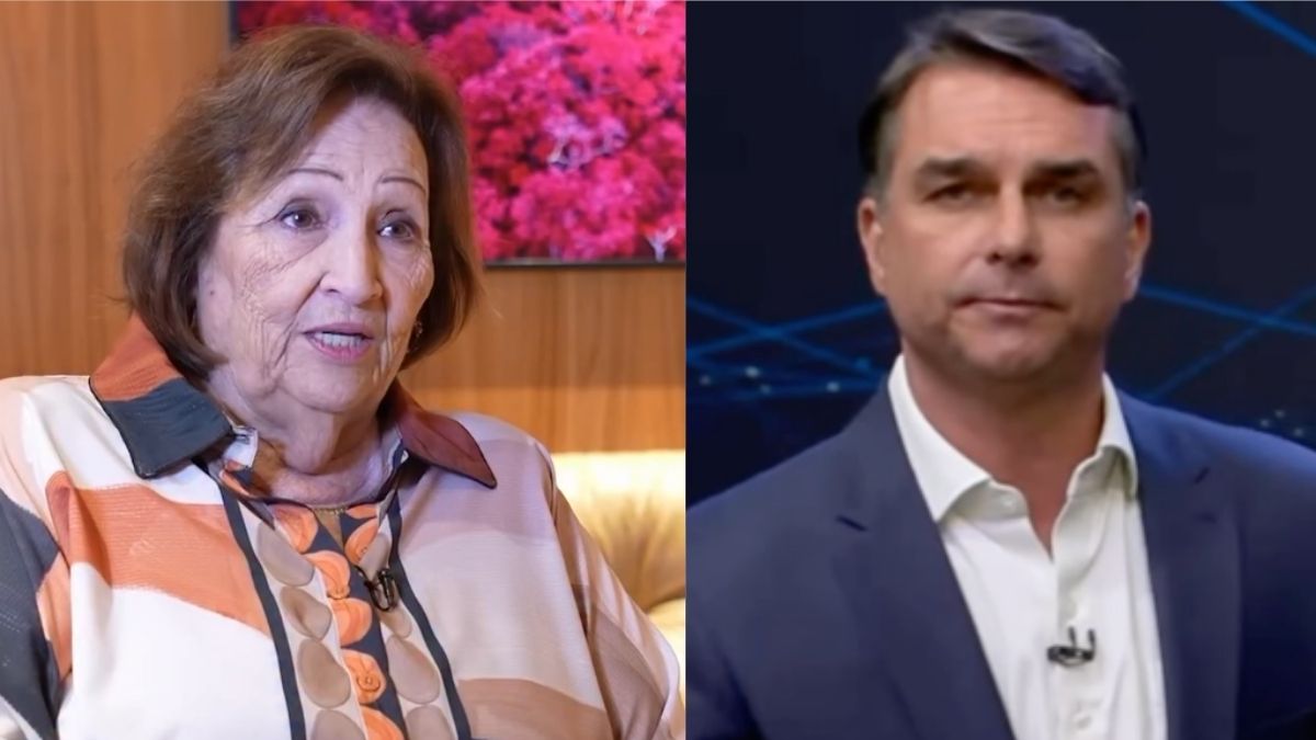Déa Lúcia, mãe de Paulo Gustavo, e Flávio Bolsonaro aparecem em imagens de entrevistas.