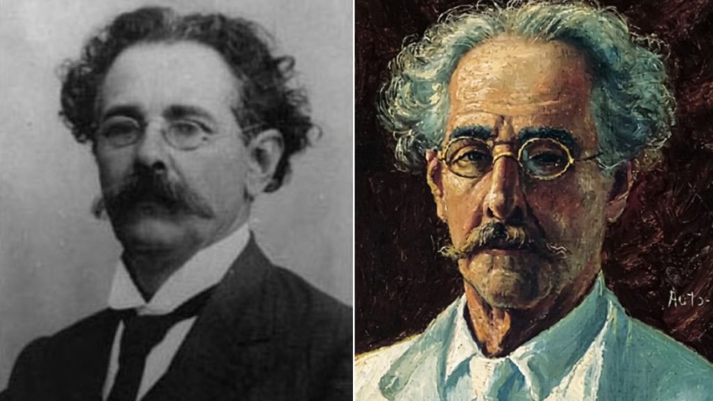 Comparativo de retratos de Benedito Calixto em imagens antigas: à esquerda um retrato em preto e branco, e à direita um retrato colorido com cabelo e barba característicos.