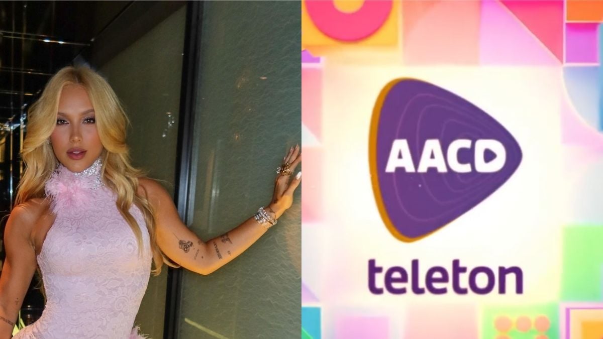 Virginia Fonseca ao lado do logotipo do Teleton 2026, campanha beneficente em prol da AACD.