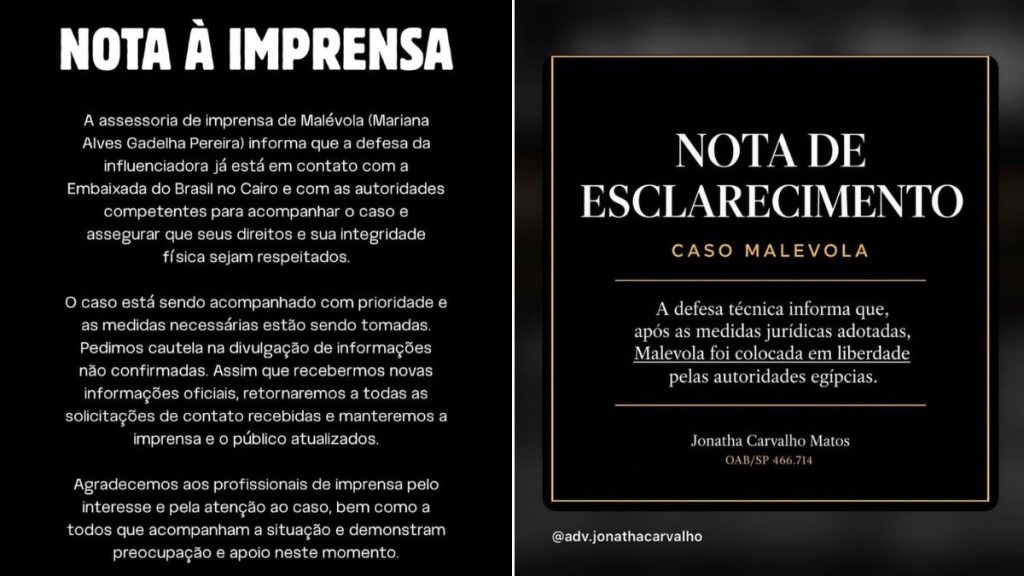 Imagem dividida em duas partes com comunicados em texto sobre o Caso Malevola: uma “NOTA À IMPRENSA” e uma “NOTA DE ESCLARECIMENTO – CASO MALEVOA”, com orientações e assinatura “Jonathan Carvalho Matos”.