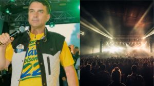 Colagem com duas imagens de um evento político. À esquerda, em destaque, o político Flávio Bolsonaro em primeiro plano, segurando um microfone, vestindo camiseta amarela com os dizeres 'Flávio Bolsonaro 22' e um colete esportivo escuro com detalhes brancos. Ele está no palco, olhando para a frente. À direita, uma visão geral do público de costas, em um grande evento noturno, de frente para um palco iluminado com fortes refletores de luz sob uma estrutura de metal, com a banda ao fundo em um comício ou show.