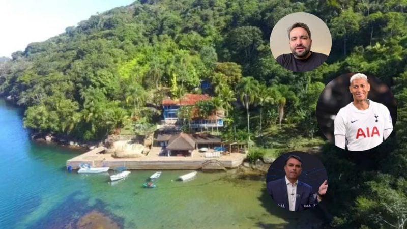 Richarlison, Willer Tomaz e Flávio Bolsonaro aparecem em recortes com a paisagem de uma ilha e vegetação densa ao fundo, com barcos e estrutura à beira do rio.