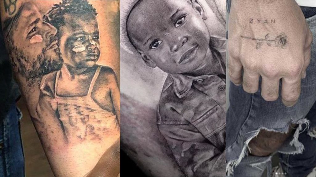 Tatuagens de Bruno Gagliasso em homenagem aos filhos, com retratos de Titi e Bless e o nome Zyan gravado na mão.