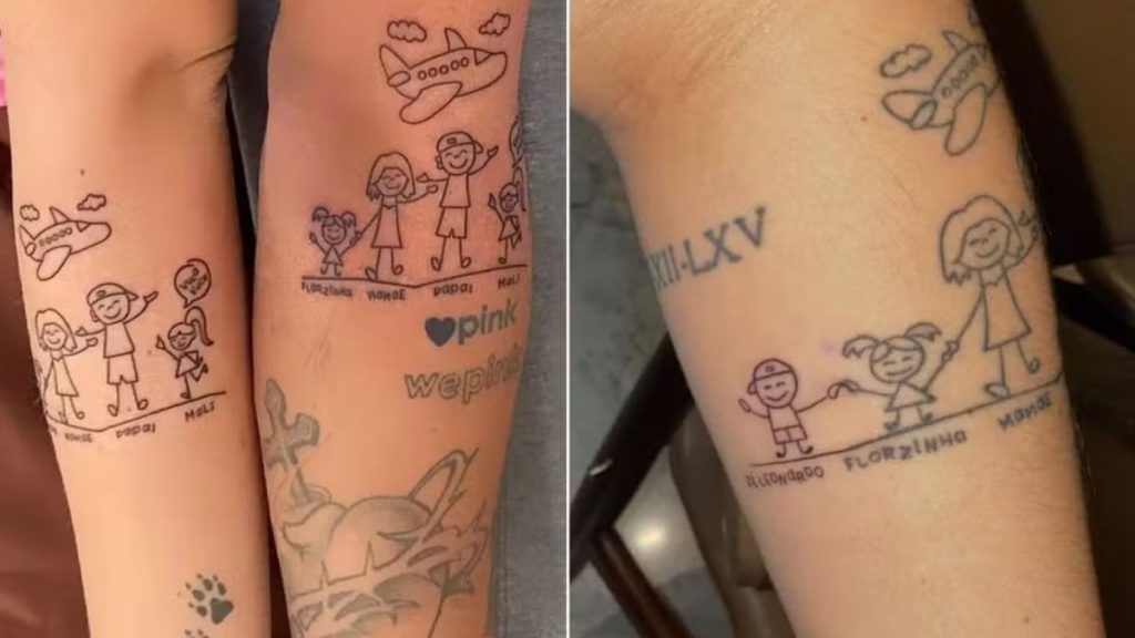 Tatuagens de Zé Felipe e Virginia Fonseca com desenhos dos filhos e um avião.