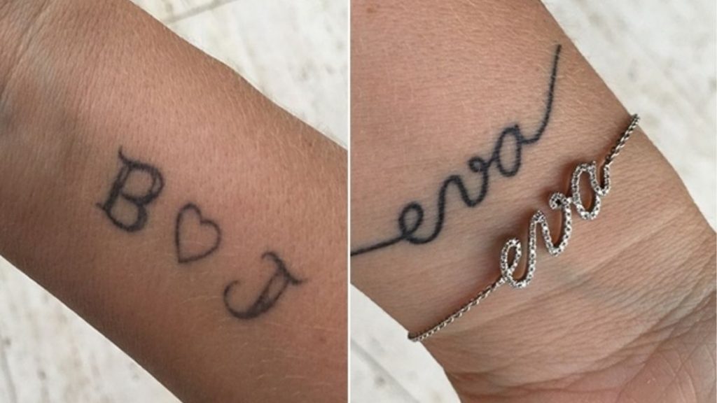 Tatuagens de Angélica com as iniciais dos filhos e o nome da filha Eva.