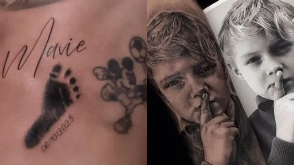 Tatuagens de Neymar em homenagem aos filhos, com o nome Mavie, a marca do pé da filha e uma foto do jogador ao lado do filho.