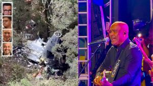 Montagem mostrando à esquerda os destroços de um helicóptero acidentado numa área de vegetação, com quatro fotos de homens num painel lateral, e à direita o cantor Rick a atuar num palco a cantar ao microfone.