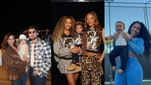 Mulher com vestido estampado em evento com crianças ao lado, em uma foto em estilo de colagem mostrando também uma família sorridente com bebê no colo.