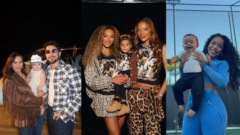 Mulher com vestido estampado em evento com crianças ao lado, em uma foto em estilo de colagem mostrando também uma família sorridente com bebê no colo.