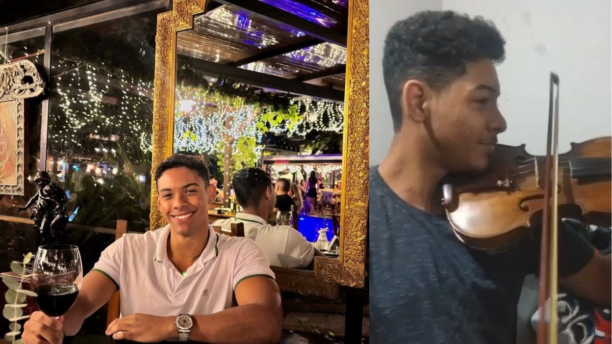 Foto dupla de Lucas Jacuneli: à esquerda, sorridente em um restaurante com decoração dourada e luzes coloridas; à direita, o mesmo tocando violino em close, com o arco e o instrumento visíveis.