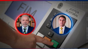 Imagem em close de um painel com botões verdes e texto de identificação, enquanto um dedo aponta para opções do sistema; há dois presidenciáveis em círculos destacados com bordas vermelha e azul, sugerindo perfis para avaliação de “Justiça Eleitoral”.