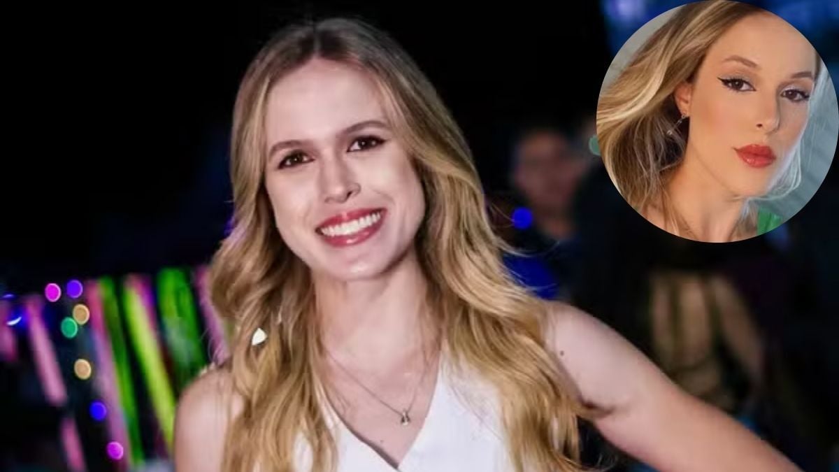 Retrato em ambiente de evento de Paloma Soares sorridente usando vestido claro, com recorte adicional ao lado mostrando outra foto do mesmo rosto com cabelo loiro e maquiagem marcada.