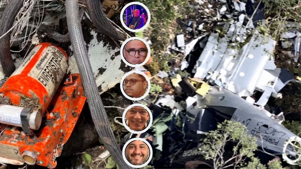 Montagem mostrando à esquerda o gravador de voz (caixa-preta) do helicóptero, ao centro as fotos dos cinco ocupantes da aeronave e à direita os destroços do acidente em área de mata em Urubici.