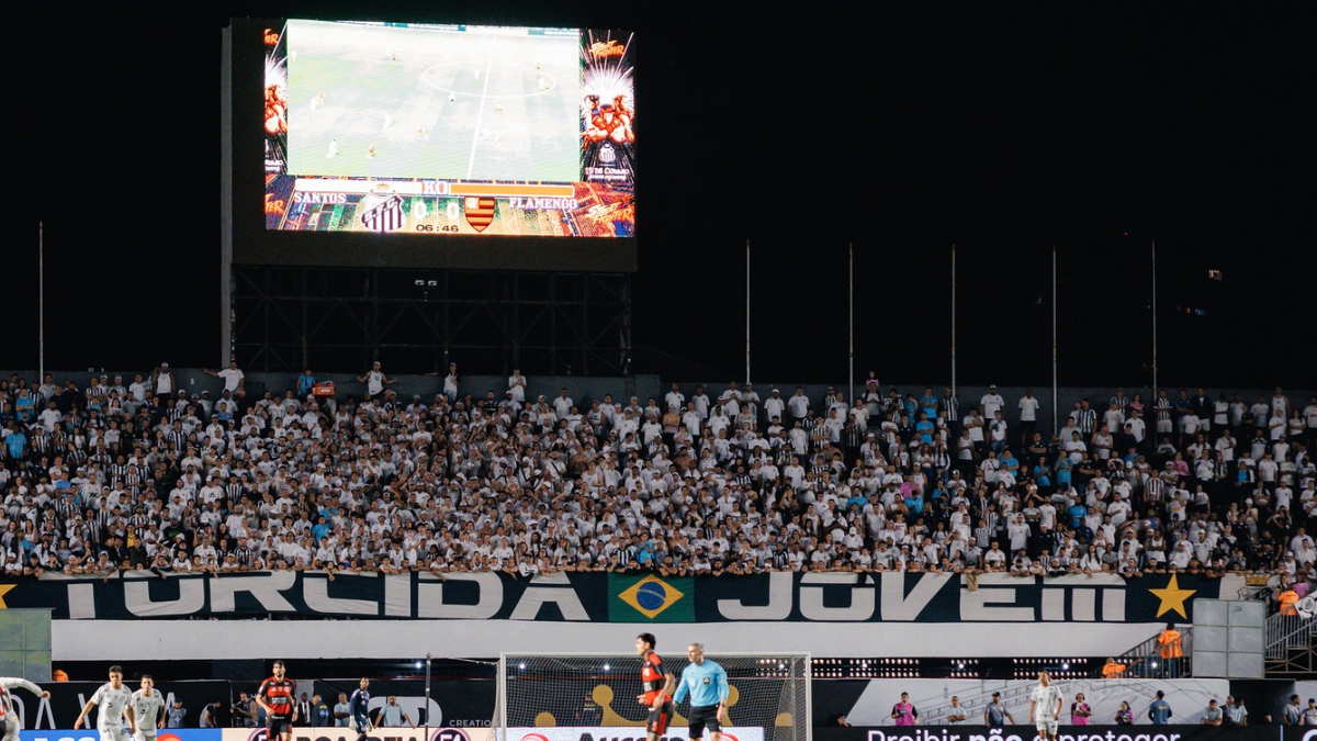 Imagem da torcida do Santos na Vila Belmiro, durante jogo contra o Flamengo.