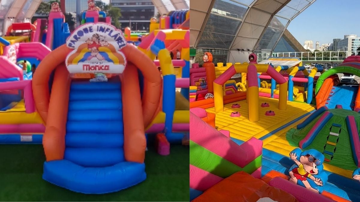 Estrutura gigante do Parque Inflável Turma da Mônica em Campinas, mostrando o portal de entrada colorido e a área interna de brinquedos.