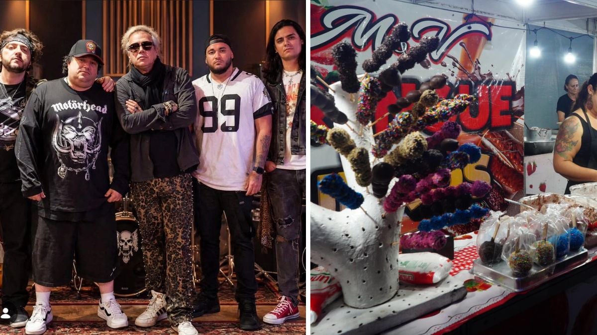 Foto em duas cenas: à esquerda, grupo de músicos com roupas casuais em um palco; à direita, exposição em evento com secções de pelúcias e um balcão de produtos decorados.