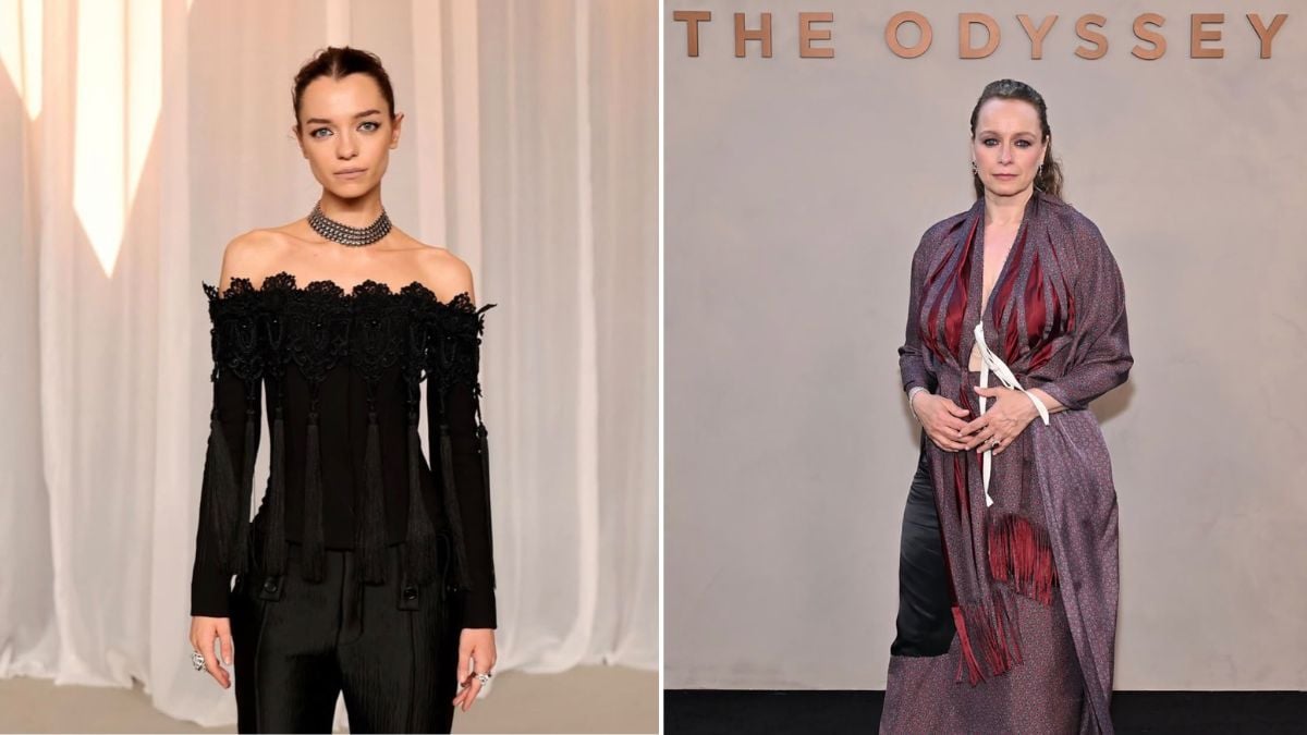 Duas fotos de Esmé Creed-Miles em evento de moda, usando look preto com ombros descobertos e Samantha Morton com kimono e faixas coloridas; ao fundo, texto “THE ODYSSEY”.