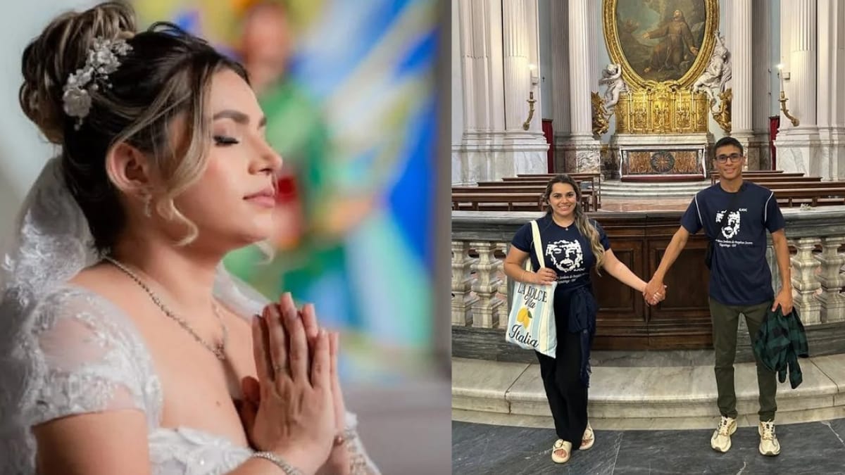 Amanda Marinho Nascimento aparece em dois momentos: em um close com as mãos juntas em posição de oração e vestido branco, e em outra cena ao lado de uma pessoa em frente a um altar com colunas e pintura ao fundo.