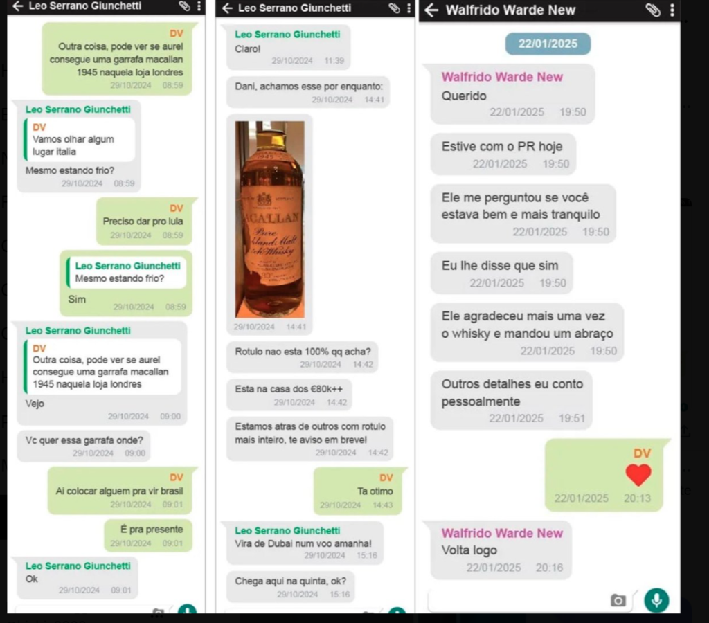 Três capturas de tela de conversas do WhatsApp sobre a encomenda e entrega de uma garrafa de whisky Macallan 1945 avaliada em cerca de 80 mil euros. Crédito: X @republiqueBRA.