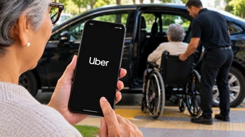 Idosa usa aplicativo da Uber enquanto motorista auxilia pessoa em cadeira de rodas a entrar no carro.
