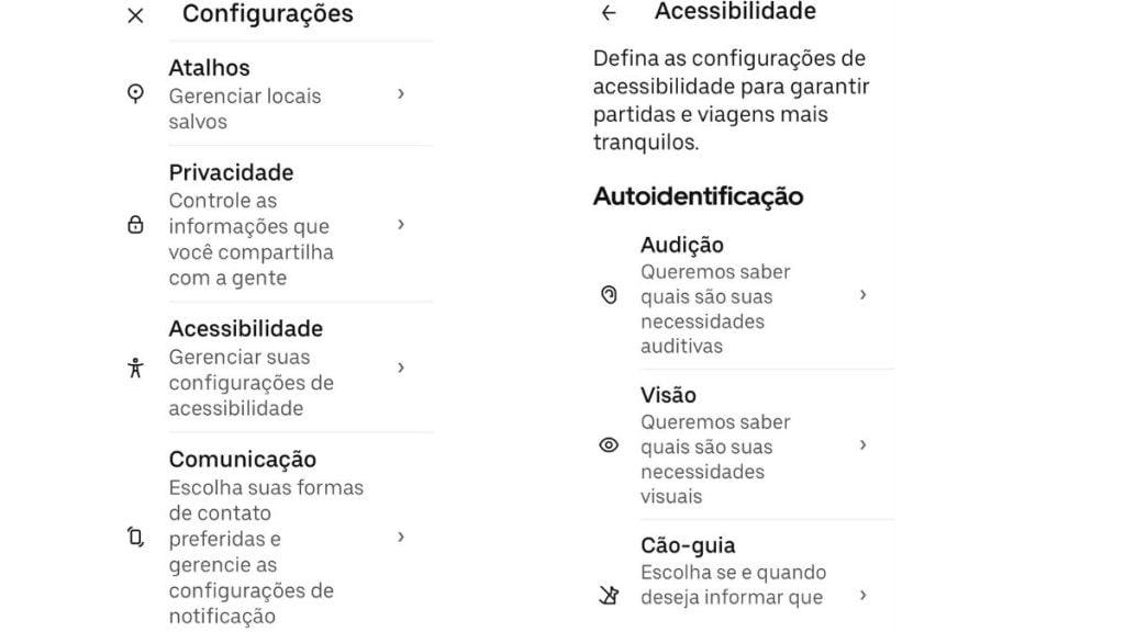 elas do aplicativo da Uber mostram configurações de acessibilidade, com opções para necessidades visuais, auditivas e identificação de usuários com cão-guia.