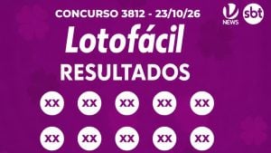 Resultado da Lotofácil concurso 3812, de 23 de outubro de 2026, em arte roxa do VTV News e SBT.