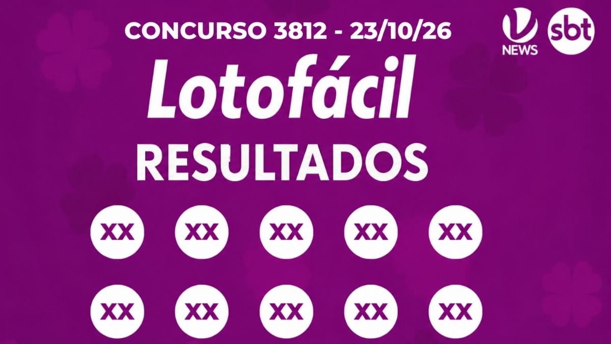 Resultado da Lotofácil concurso 3812, de 23 de outubro de 2026, em arte roxa do VTV News e SBT.