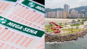 Bilhete da Mega-Sena e vista da orla de Santos, na Baixada Santista, com praia, prédios e escultura vermelha à beira-mar.